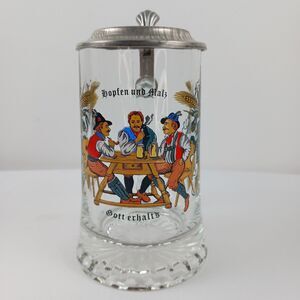 Beer Stein Glass With Pewter Lid 16 Oz Vintage